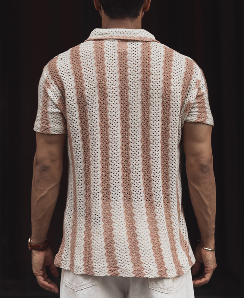 Beige and Off White Crochet Striped Regular Fit Half Sleeve Shirt