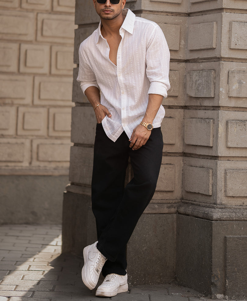 White Striped Regular Fit Full Sleeve Shirt