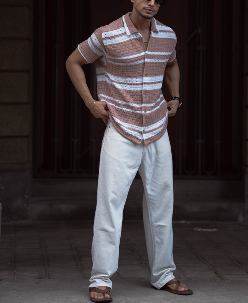 Beige And White Striped Regular Fit Half Sleeves Shirt