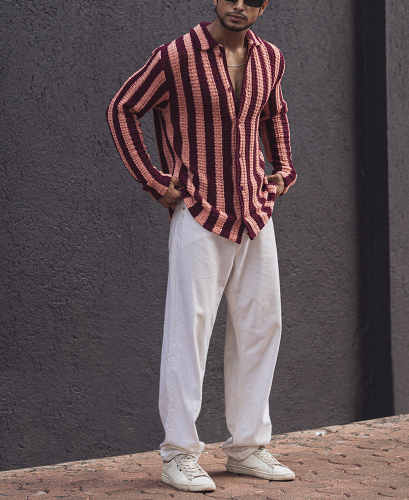 Maroon and Peach Full Sleeves Striped Regular fit Shirt