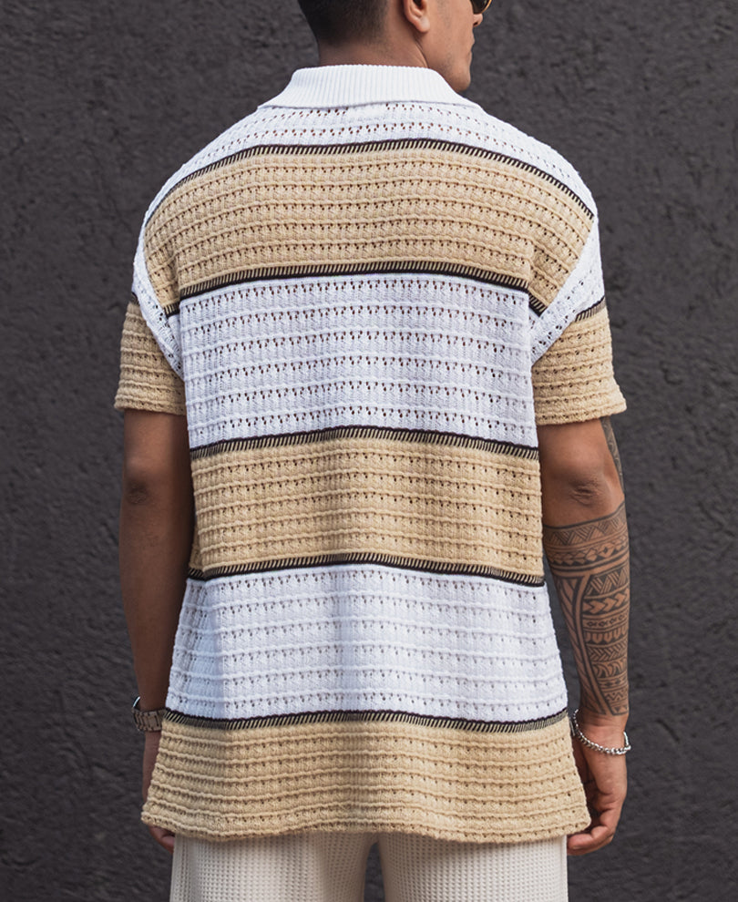 Beige and White Regular Fit Striped Half Sleeves T Shirt