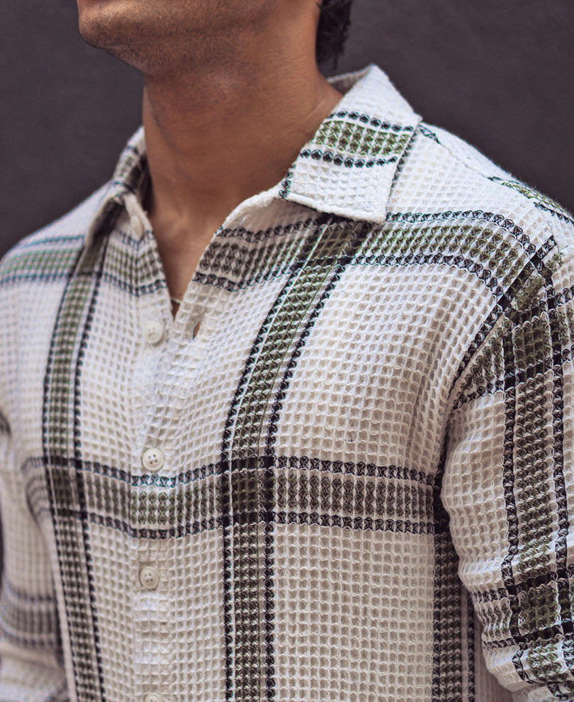 Olive and White Waffle Checks Regular Fit Full Sleeves Shirt