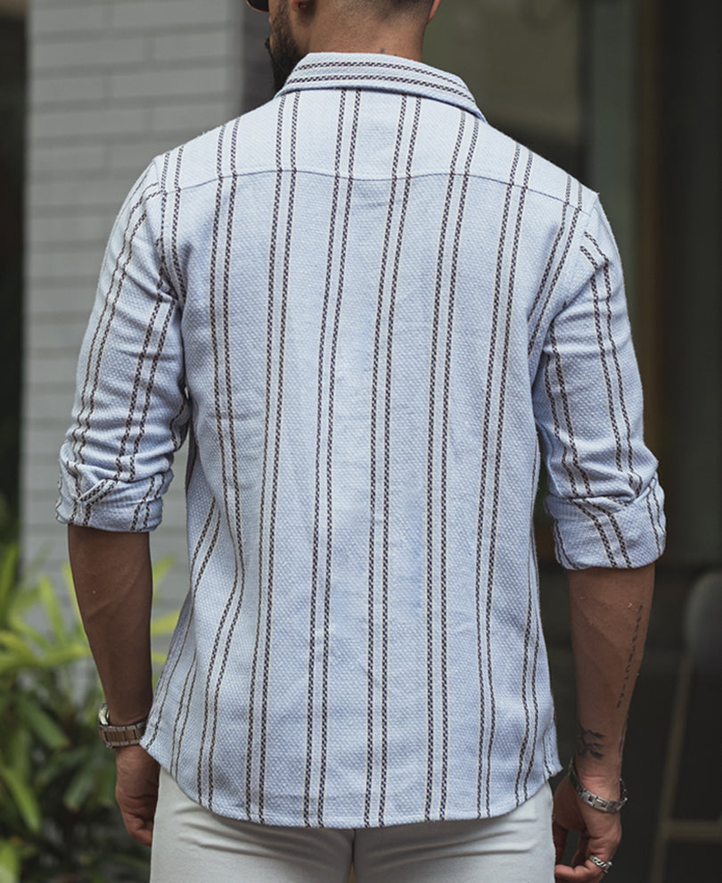 Sky Blue Striped Regular Fit Full Sleeves Shirt