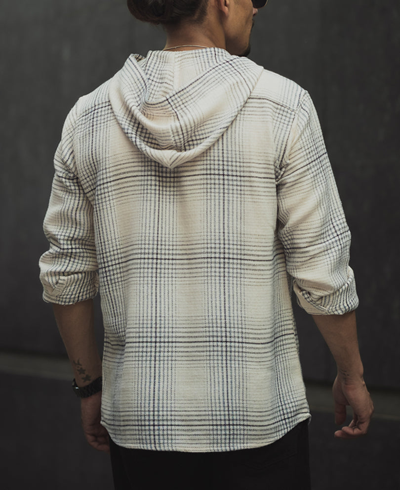 Off White Checked Regular Fit Hooded Shirt
