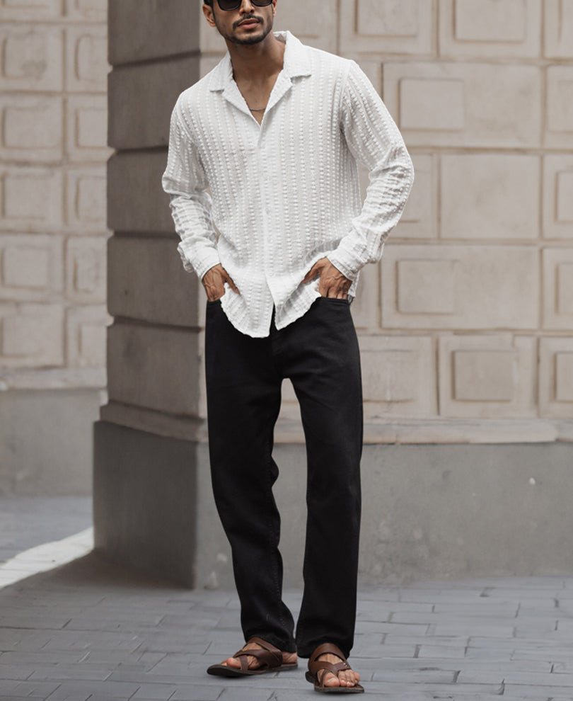 White Self Striped Structured Regular Fit Full Sleeves Shirt