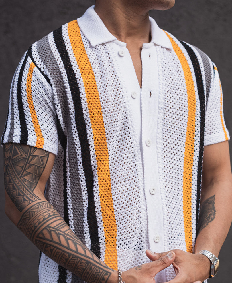Yellow and White Striped Regular Fit Half Sleeves Shirt
