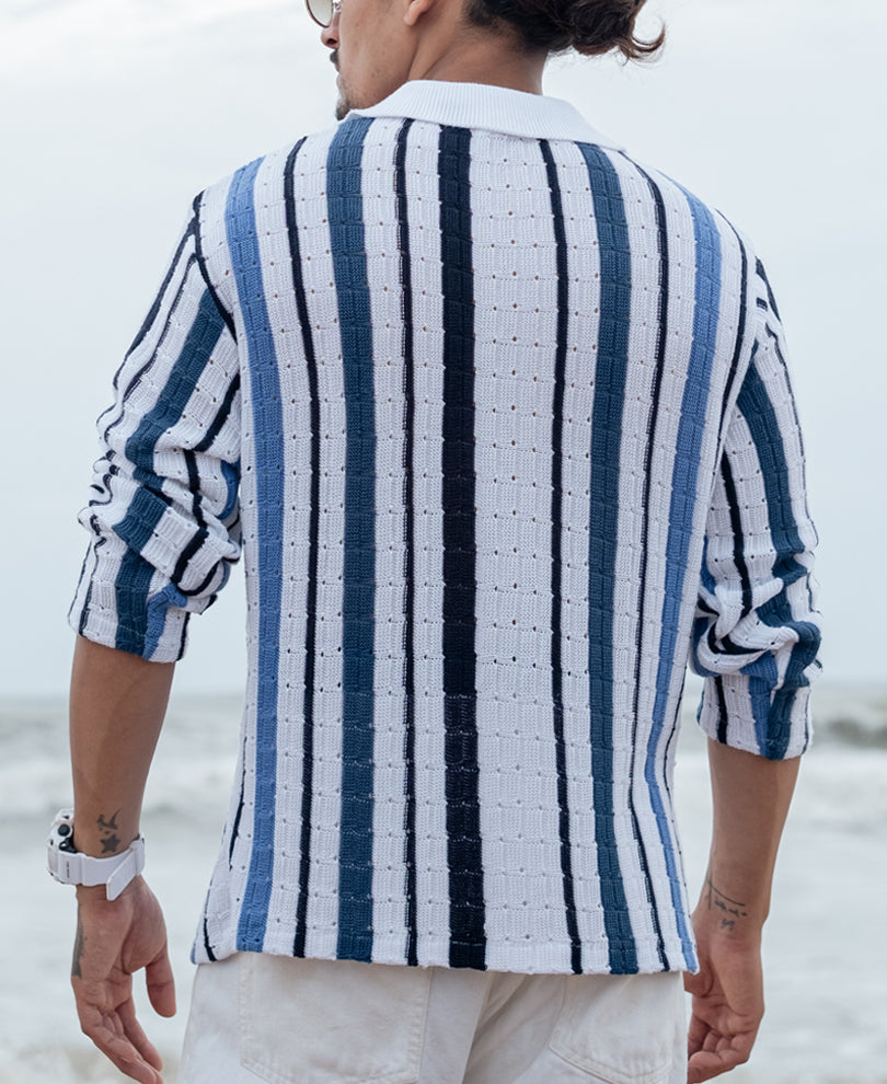 Blue and White Striped Regular fit Full Sleeves Shirt
