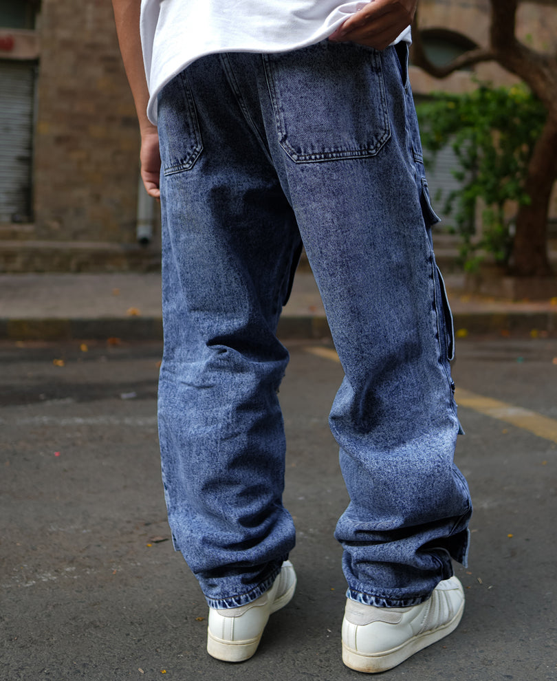 Blue Baggy fit Denim Cargo Pants