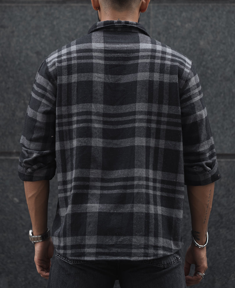 Black and Grey Checked Regular Fit Overshirt with Full Sleeves