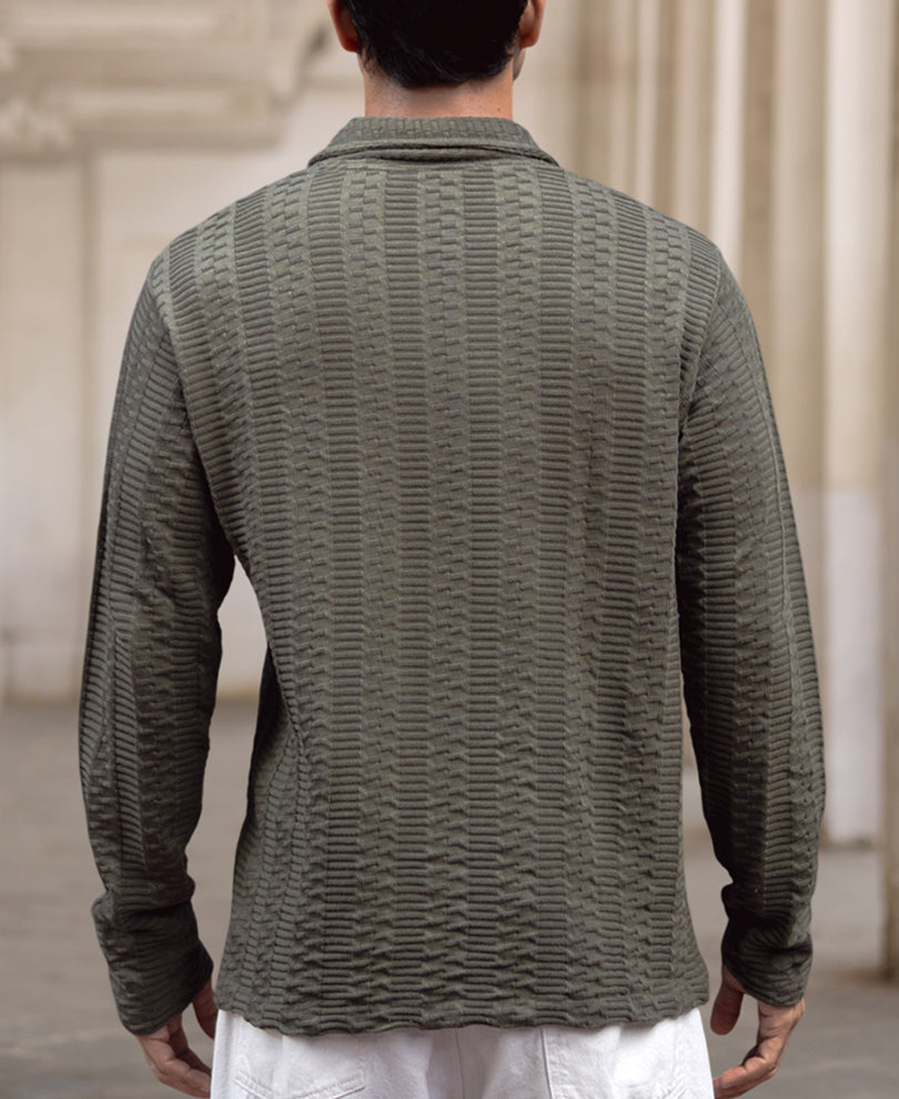 Olive Structured Regular Fit Full Sleeves T-Shirt