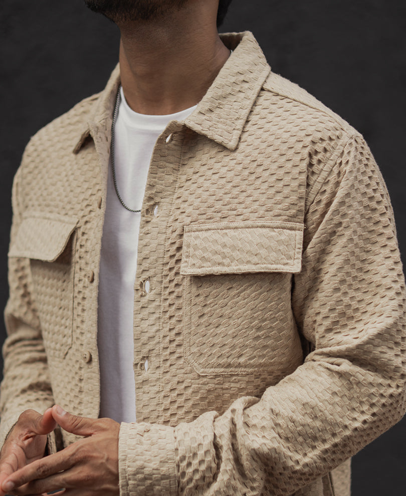 Beige Regular Fit Full Sleeves Structured Shirt