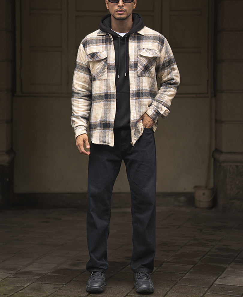 Beige And Black Checks Regular Fit Full Sleeves Shirt