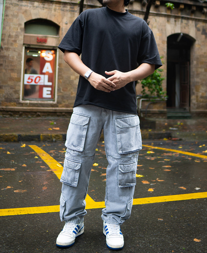 Light Grey Baggy Fit Cargo Denim Jeans