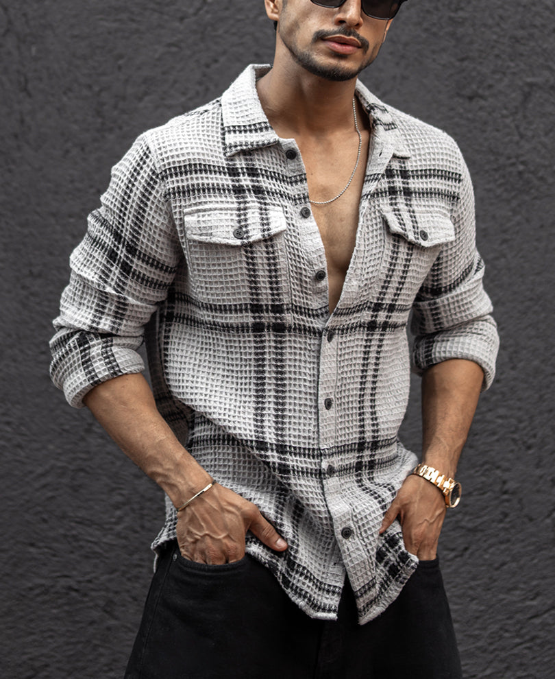 Grey And Black Stripe Waffle Checks Regular Fit Full Sleeves Shirt