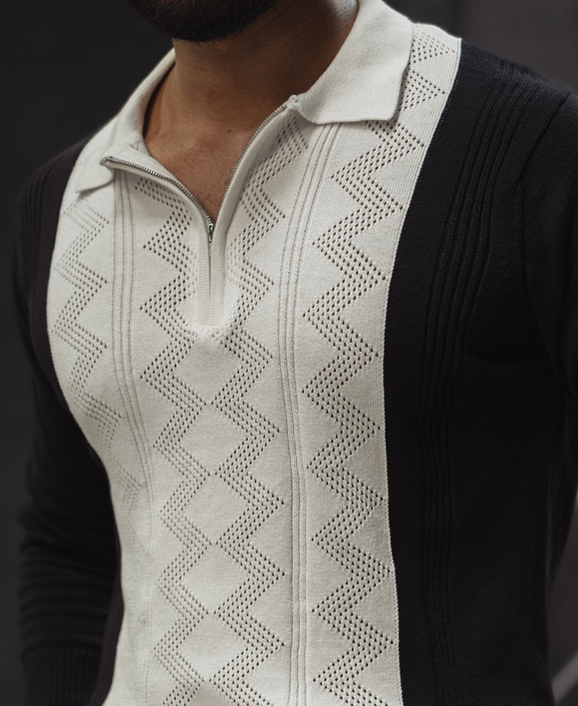 White and Black Knitted Regular Fit Full Sleeves Zipper T Shirt