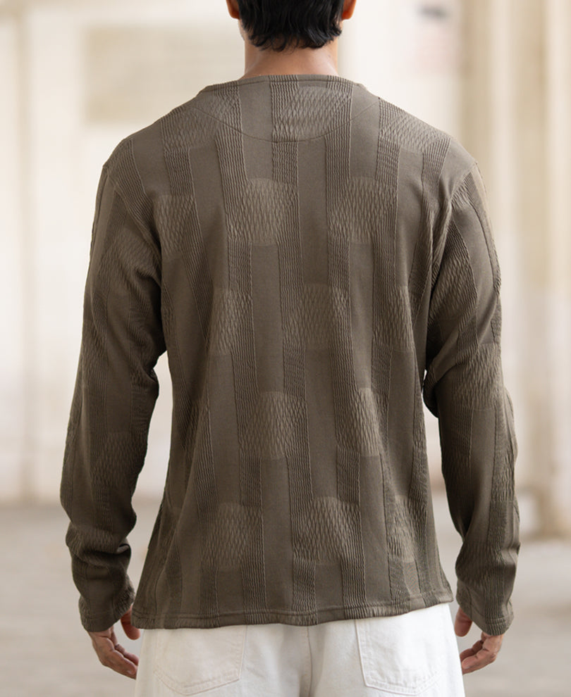 Olive Green Structured Full Sleeves Regular Fit T-Shirt
