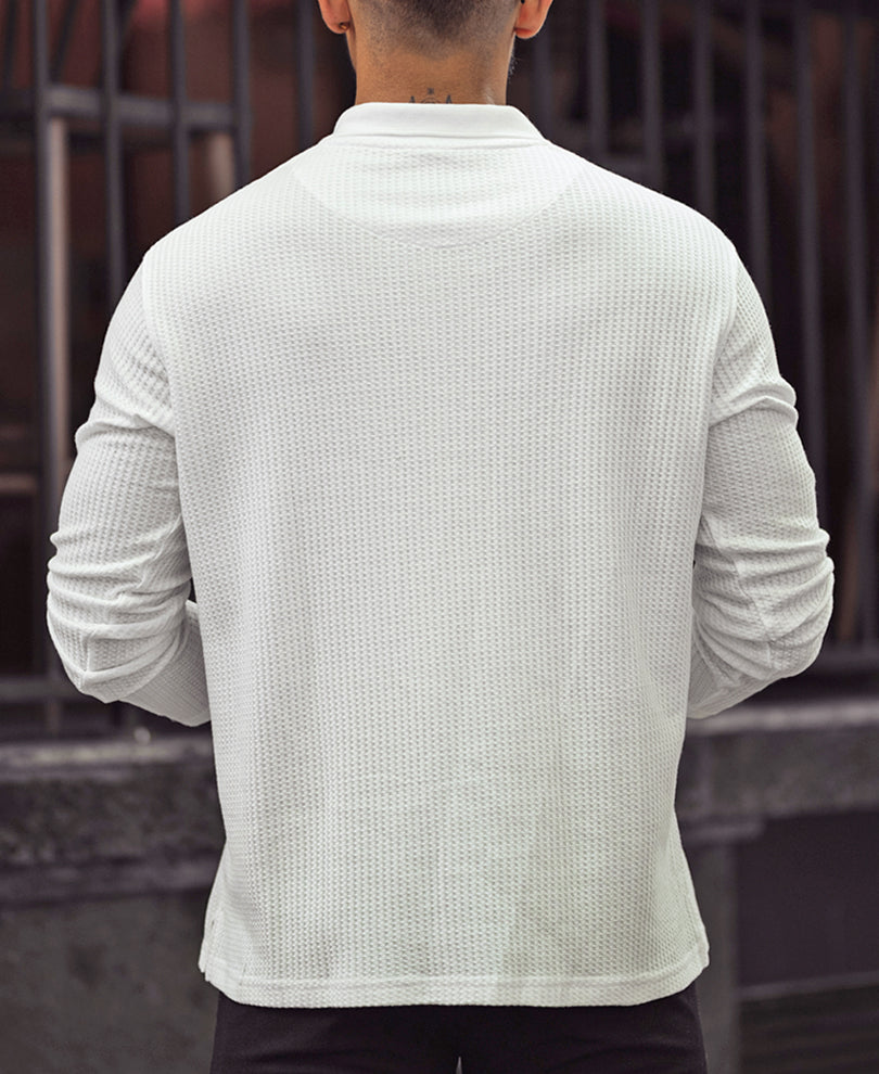 White Waffle Design Regular Fit Full Sleeve T-Shirt with Zipper