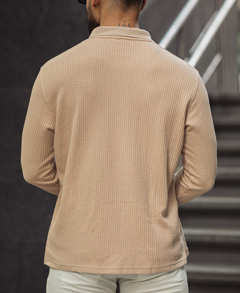 Light Fawn Waffle Design Regular Fit Full Sleeve T Shirt with Zipper