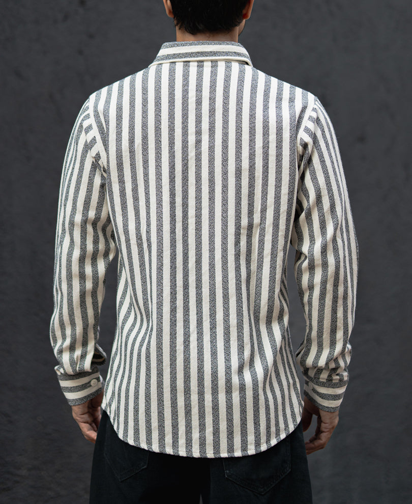 Off White And Grey Stripes Double Pocket Regular Fit Full Sleeves Shirt