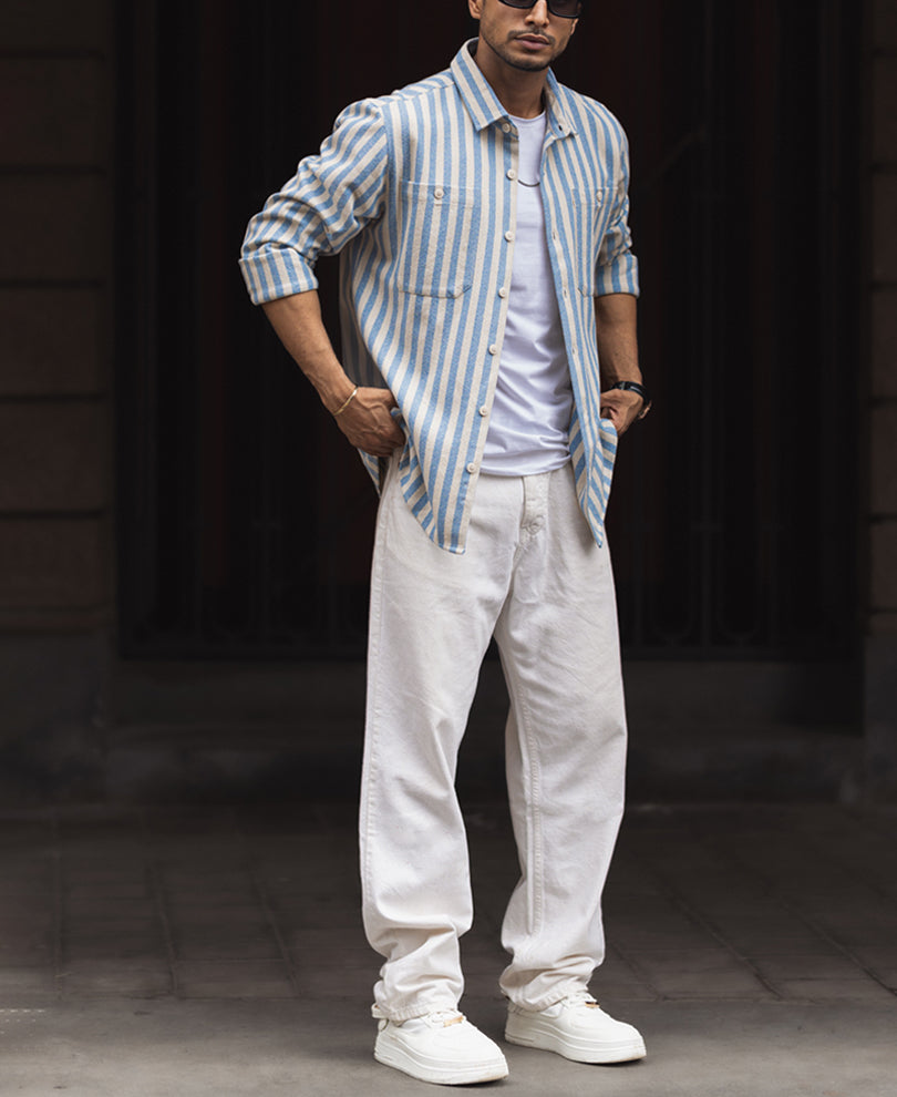 Blue And White Stripes Regular Fit Full Sleeves Shirt
