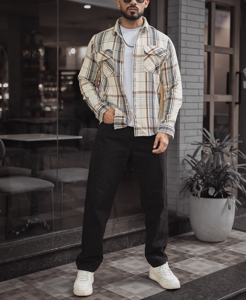 Beige Checked Regular Fit Full Sleeves Shirt