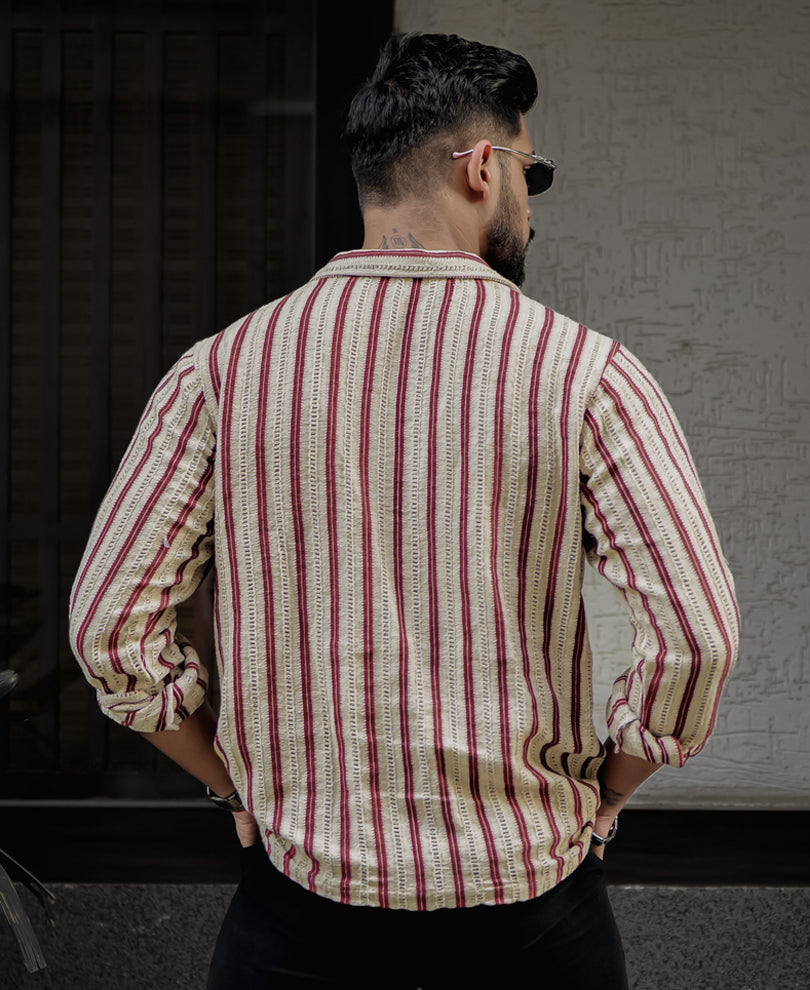 Beige And Maroon Striped Regular Fit Full Sleeves Kurta Style Shirt