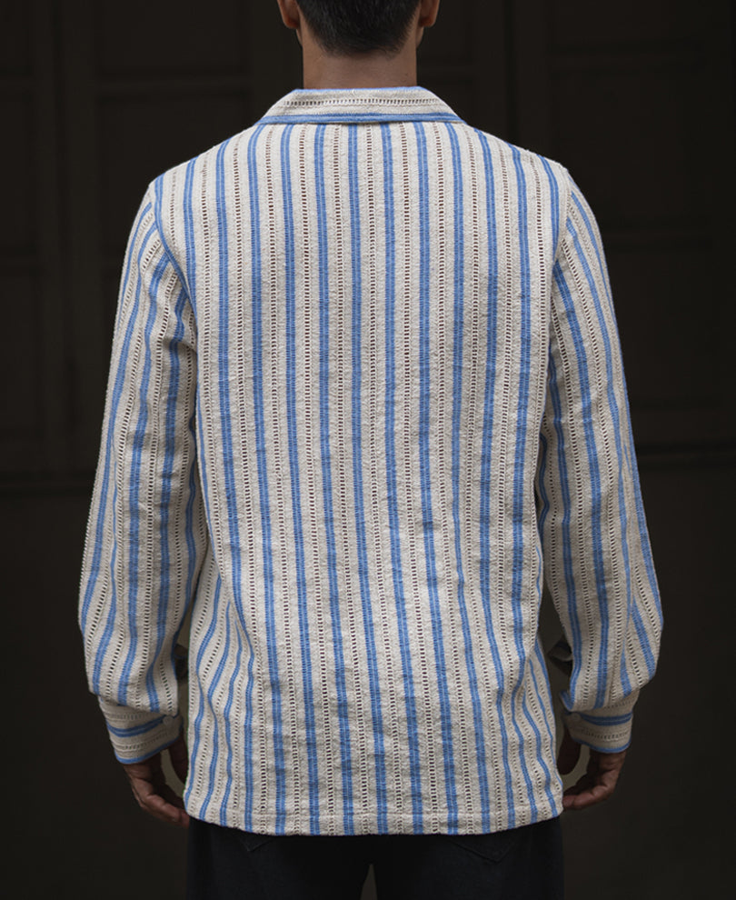 Beige And Sky Blue Striped Regular Fit Full Sleeves Kurta Style Shirt