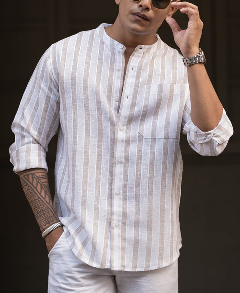 White And Beige Regular Fit Full Sleeves Shirt