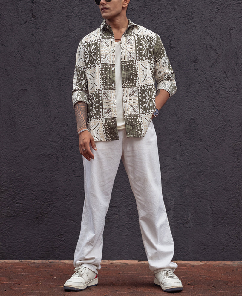 Green Floral Printed Regular Fit Full Sleeves Shirt