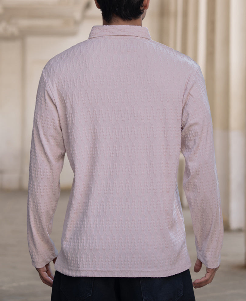 Beige Structured Regular Fit Full Sleeves Polo T-Shirt