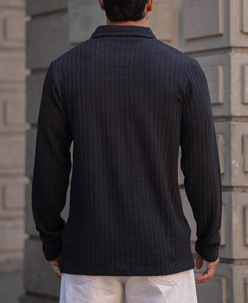 Black Self Stripe Polo T-Shirt