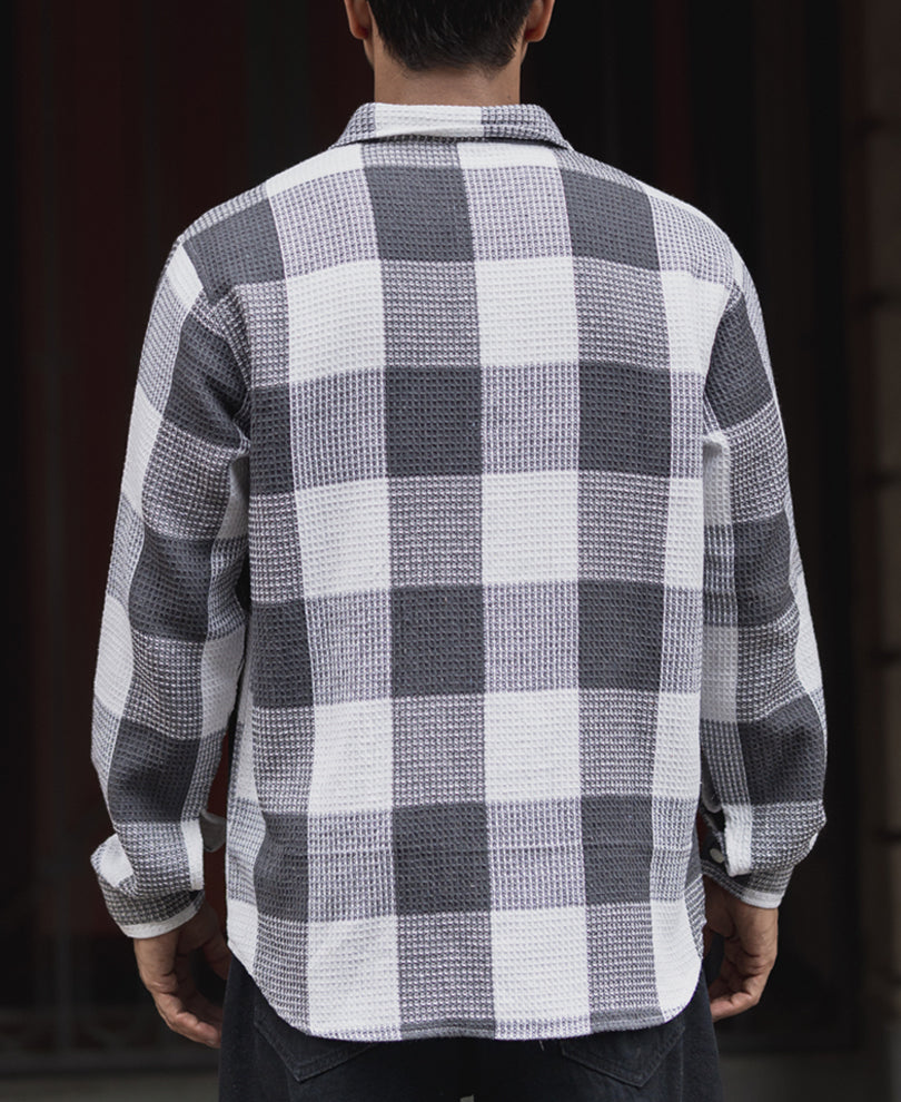 White and Grey Waffle Structure Checked Regular Fit  Full Sleeves Shirt
