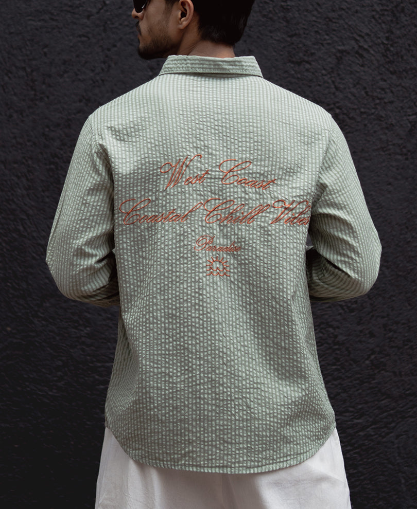 Green Stripes Printed Regular Fit Full Sleeves Shirt