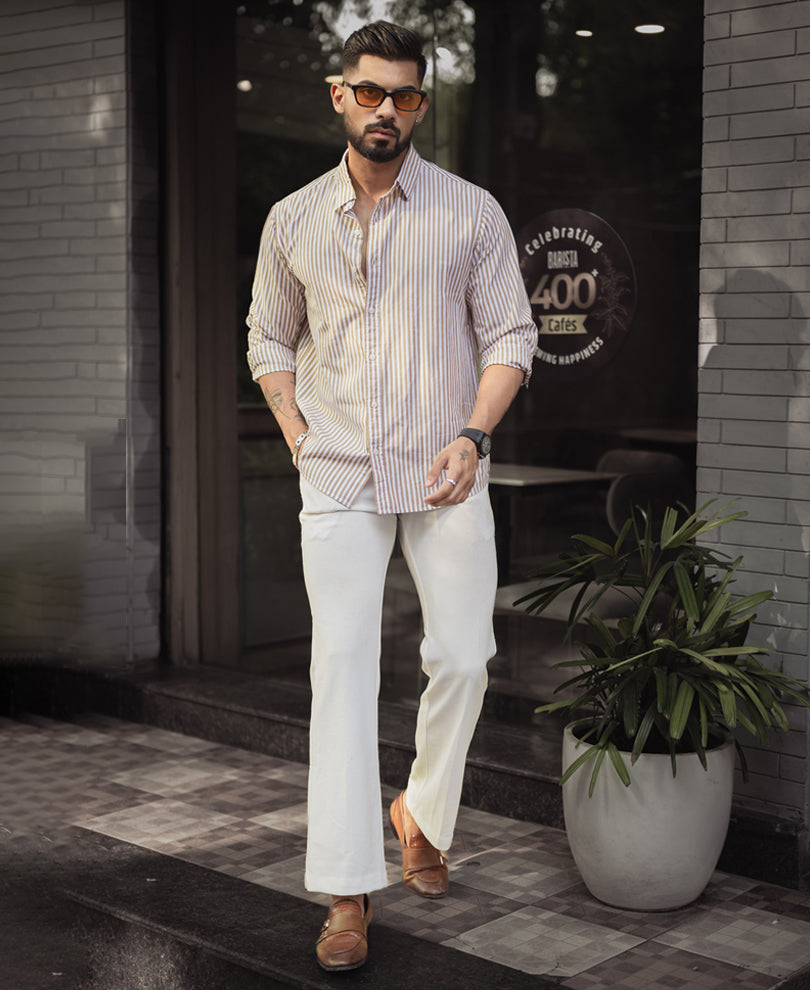 Beige And White Stripes Regular Fit Full Sleeves Shirt
