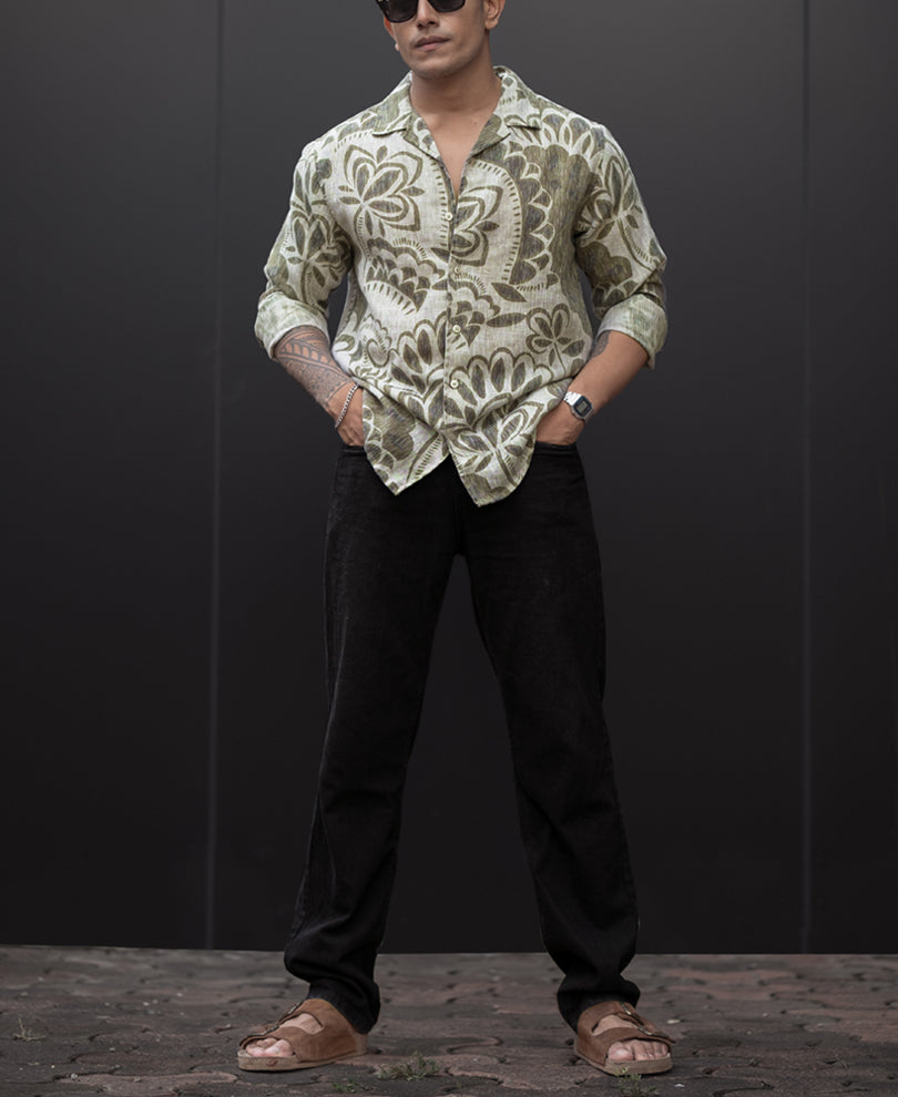 Olive Printed Regular Fit Full Sleeves Shirt