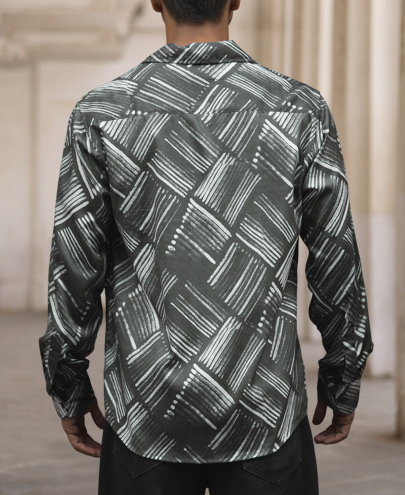 Dark Grey Printed Regular Fit Full Sleeve Cuban Collar Shirt