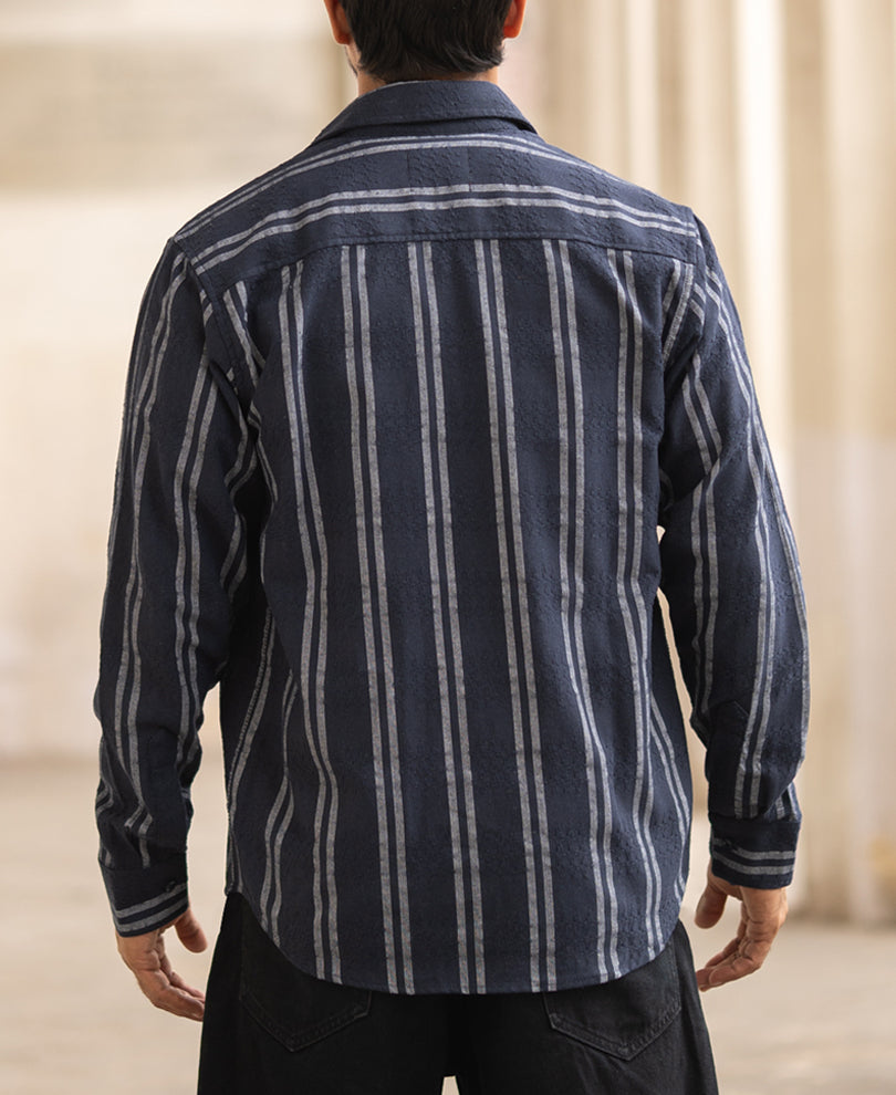 Navy Blue Striped Regular Fit Full Sleeves Shirt