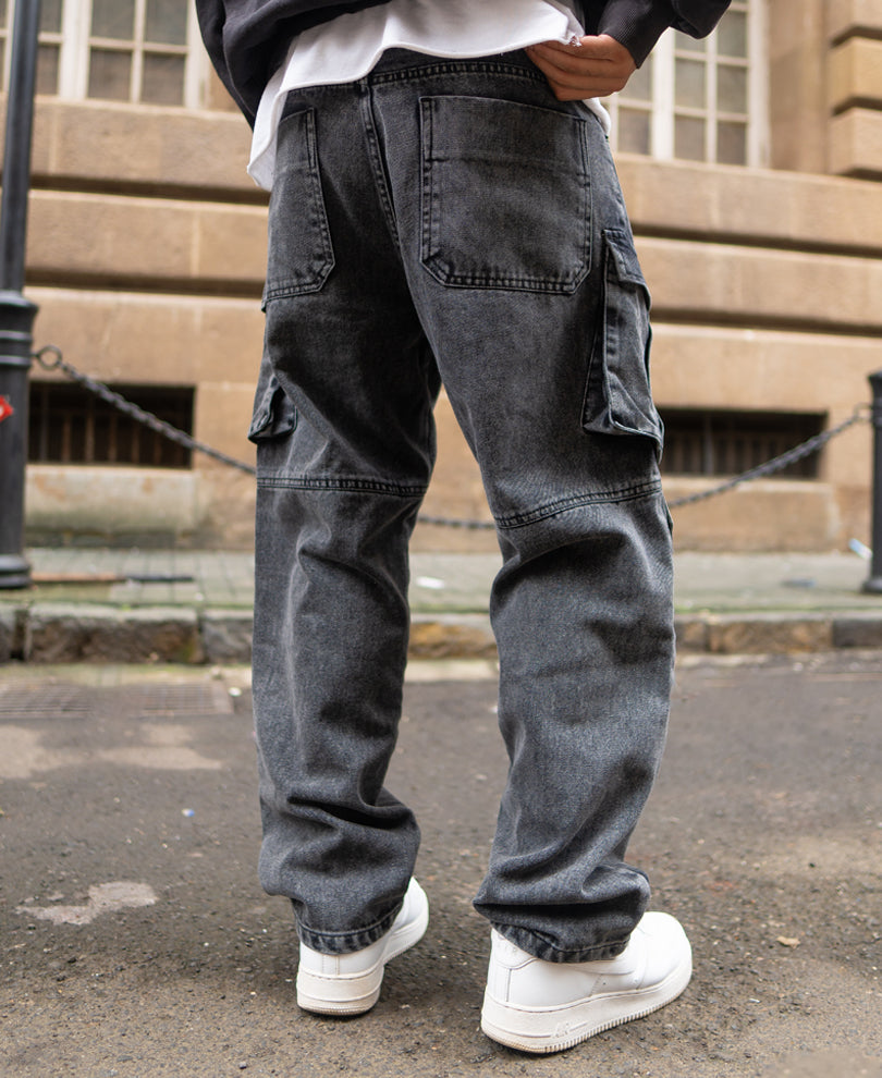 Carbon Black Baggy Fit Cargo Denim with pockets