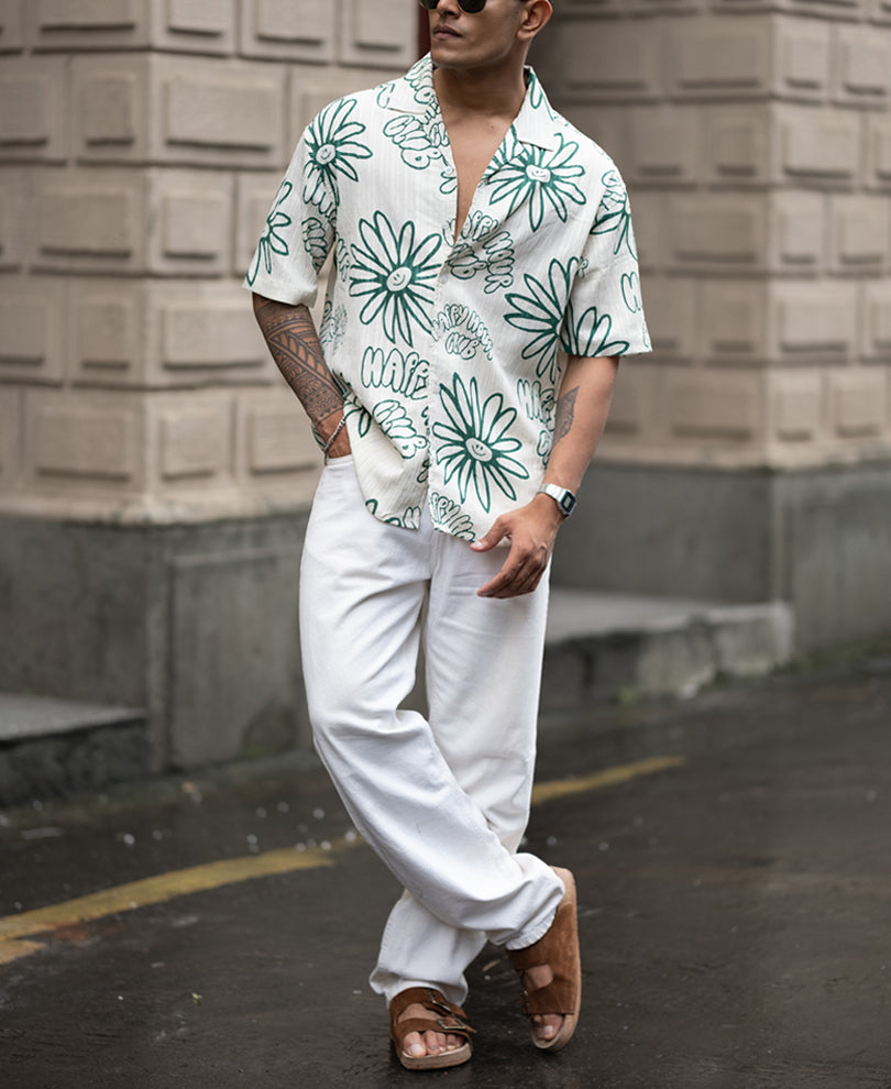Green Printed Oversized Half Sleeve Cuban Collar Shirt