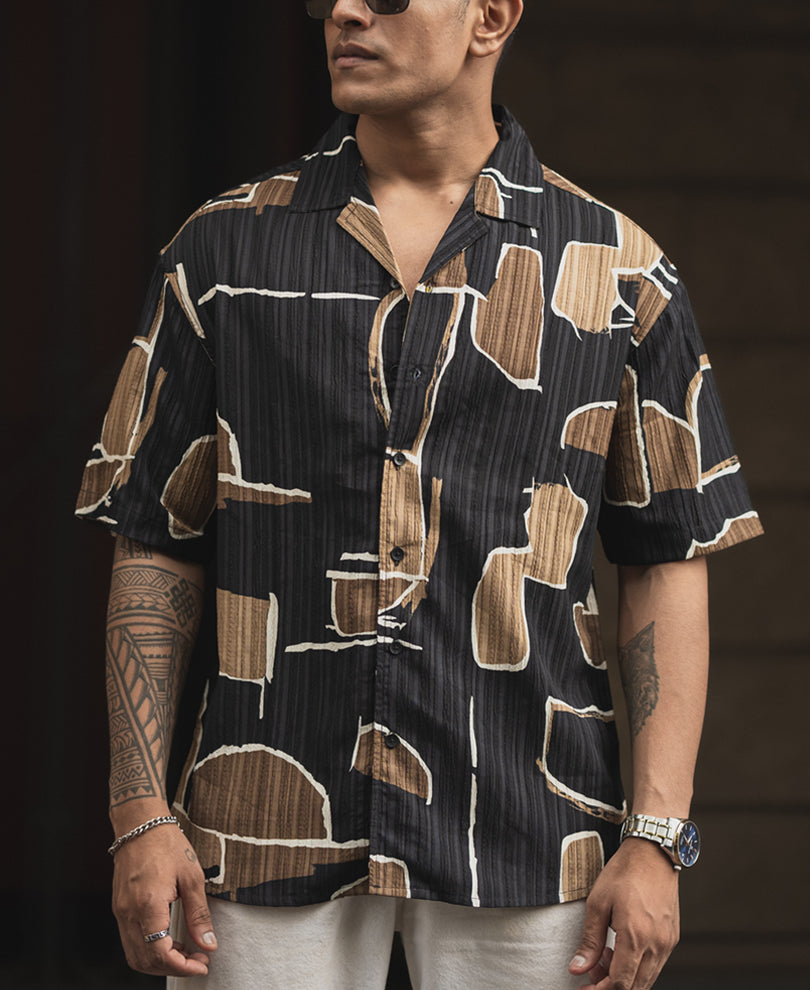 Black and Beige Printed Oversized Half Sleeve Cuban Collar Shirt