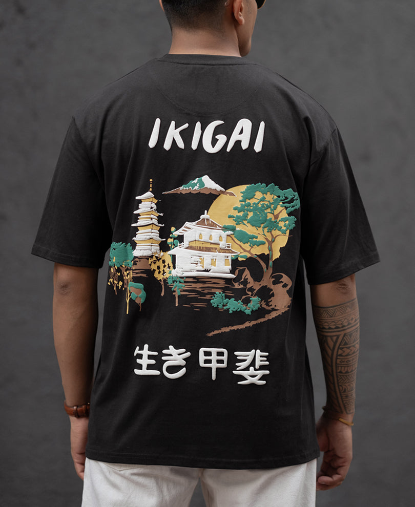 Black Ikigai Print Oversized Half Sleeves T-Shirt