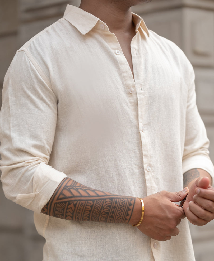 Cream Cotton Linen Regular Fit Full Sleeves Shirt