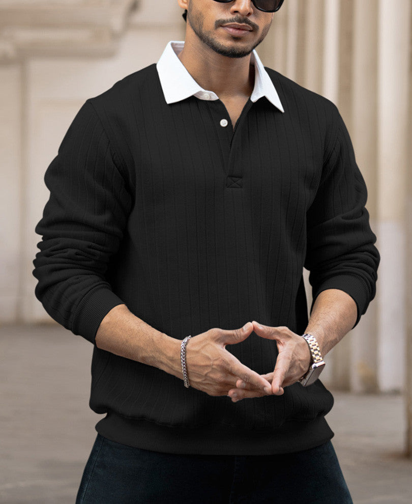 Black Regular Fit Full Sleeves Collar T-Shirt