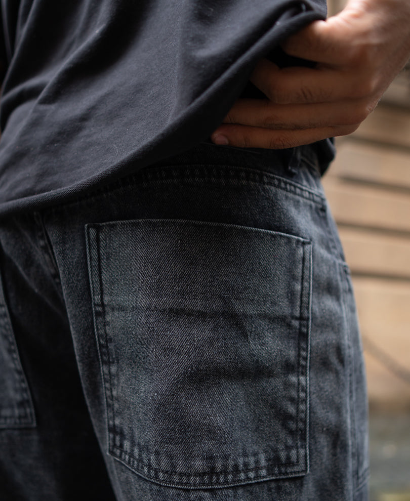 Charcoal Black Multi Pockets Baggy Fit Denim Jeans