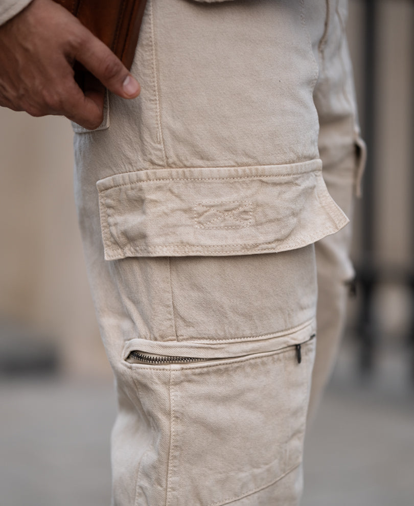 Beige Baggy Fit Denim Cargo with Pockets
