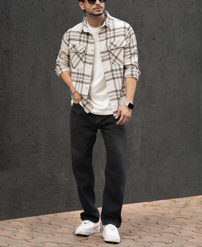 Off-White And Brown Regular Fit Full Sleeves Shirt
