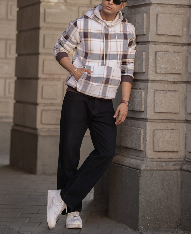 Dark Brown Checked Hooded SweaT-Shirt