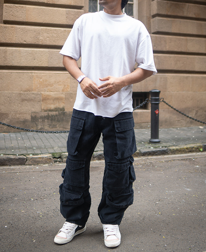 Black Multi Pockets Baggy Fit Denim Cargo Jeans