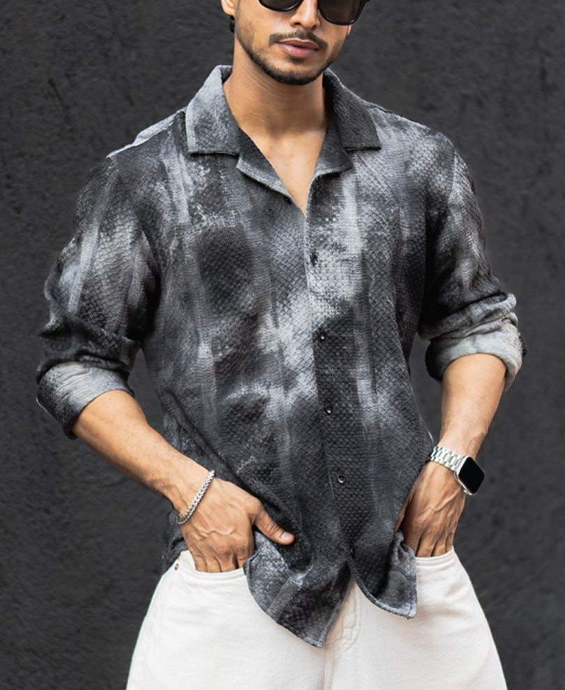 Black Tie Dye Print Regular Fit Full Sleeves Shirt