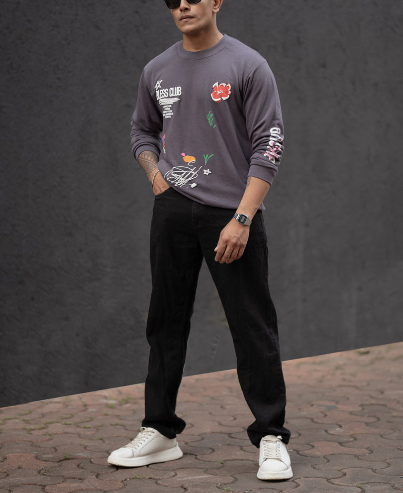 Grey Bless Club Print Oversized Full Sleeves T-Shirt